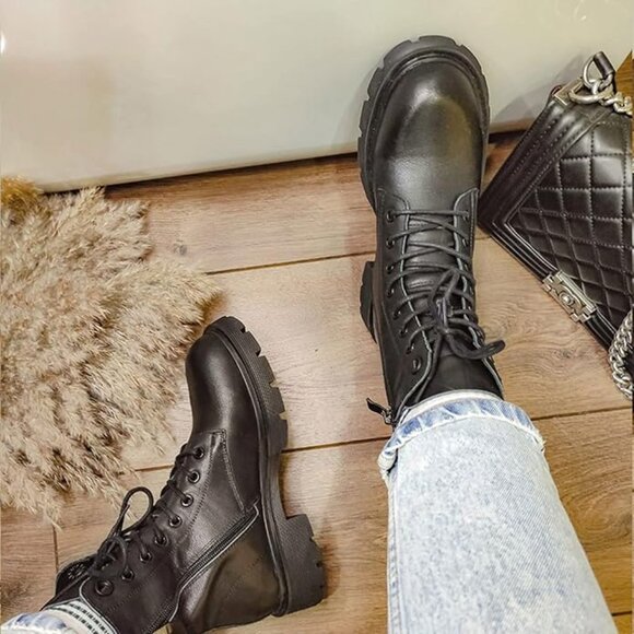 New Women Back Calf Leather Round Toe Platform Winter Short Ankle Boots Booties - Picture 7 of 7